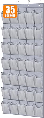 MISSLO 35 Large Pockets Over The Door Shoe Organizer Sturdy Oxford Fabric Hanging Shoe Rack for Door Mesh Closet Shoe Holder Hanger, Grey