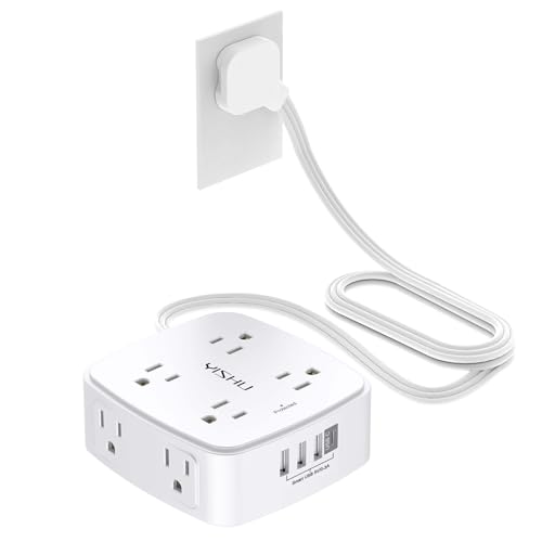 6 Ft Surge Protector Power Strip - YISHU 8 Widely Outlets with 4 USB Ports, 3 Side Outlet Extender with 6 Feet Flat Extension Cord, Ultra Flat Plug, Wall Mount, Desk USB Charging Station, ETL, White