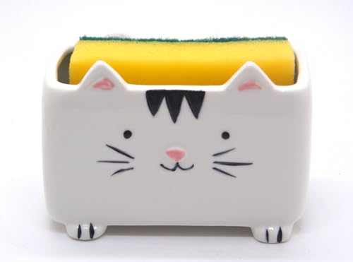 Cat Sponge Holder Ceramic Cat Soap Holder Cute Cat... (White | Ceramic)