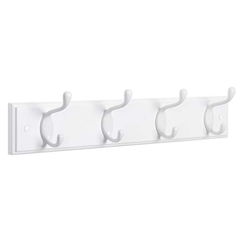 SONGMICS Wall-Mounted Coat Rack, Hook Rack, 4 Dual Metal Hooks, White | For Coats, Bags, Keys, in the Entryway, Bedroom, Living Room ULHR23WT