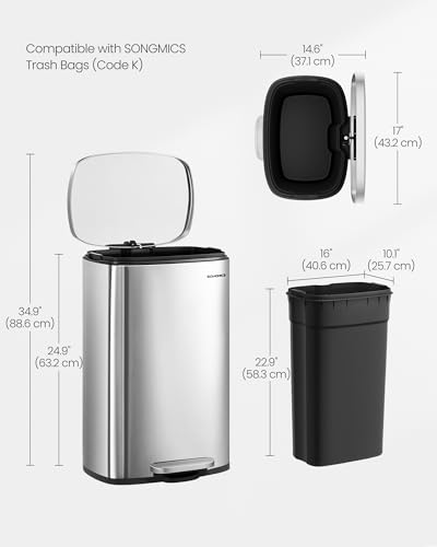 SONGMICS 13 Gallon (50 L) Trash Can, Stainless Steel Kitchen Garbage Can, Recycling or Waste Bin, Soft Close, Step-On Pedal, Removable Inner Bucket, Silver ULTB050E01