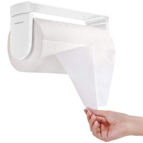 simpletome ONE Hand Simple Tear Paper Towel Holder Under Cabinet (White) | tension arms, tear one/more sheets at one time | aluminum alloy+abs | adhesive or drilling for wall/cabinet | for 28cm roll