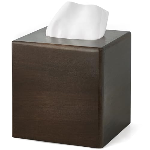 Mkono Tissue Box Cover Square, Rustic Wood Open-Bottom Holder, Dark Brown | Decorative Tissue Holder, Modern Farmhouse Decor, Desk Organizer, Bedroom Guest Room Bathroom living Room Office Dorm