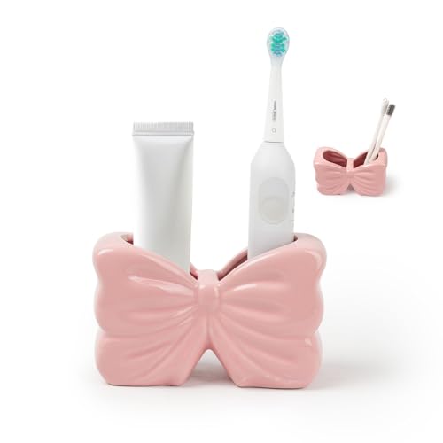 Bow Toothbrush Holder, Pink Ceramic Multi-Purpose... (Pink | Ceramic)