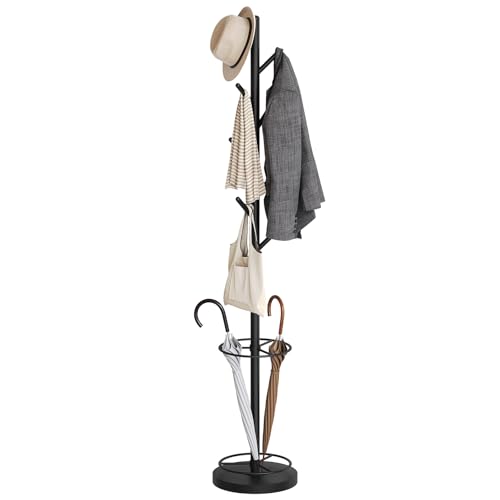 Coat Rack Freestanding with Umbrella Holder, Coat Rack Stand with 8 Hooks, Heavy Duty Coat Tree for Entryway, Modern Clothing Rack, Metal Coat Hanger Stand for Bedroom, Office, Black YM03BB