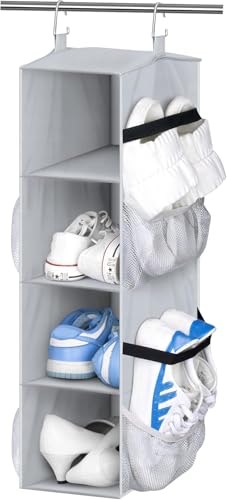 SLEEPING LAMB Short Hanging Shoe Organizer for Closet Storage with Mesh Side Pockets Holds 8 Pairs, Hanging Shoe Rack Hanger RV, Camper, Grey