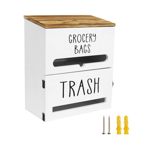 2 in 1 Trash Bag Dispenser, Double Wall Mounted,Wood Trash Bag Holder, used in kitchen, garage, laundry room, can store Environmentally friendly food bags and garbage bags (White)