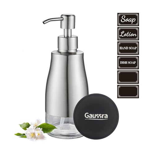 Gaussra Soap Dispenser with Coaster and Stickers, Brushed Nickel Stainless Steel Case Glass Liner Hand Pump Dispenser, Refillable Liquid Hand Soap Dispenser for Bathroom & Kitchen (11OZ / 320ML)