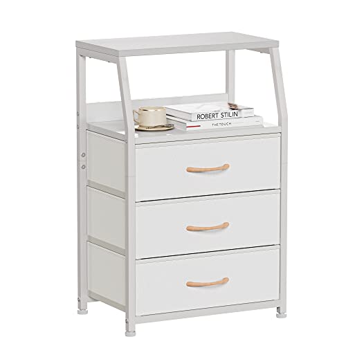 White Night Stand with 3 Fabric Drawers, Small Bed... (White | Engineered Wood)