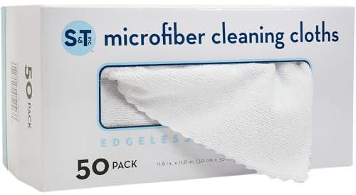 S&T INC. Microfiber Cleaning Cloth, 50 Pack, 11.8" x 11.8", White | Storage Box Included, Edgeless Cleaning Cloth for Home and Car, Reusable and Multi-Purpose Cleaning Rags, Machine Washable