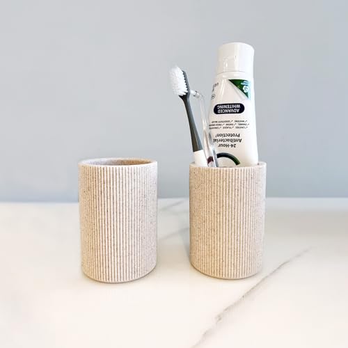 Small Sand Beige Toothbrush Holder for Bathroom Countertop, 7oz | Modern Boho Aesthetic, Vintage Farmhouse Organizer, Pen Holder, Makeup Brush Holder