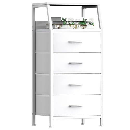 4 Drawers Small Fabric Dresser for Bedroom, Tall Dorm Nightstand | Vertical Storage Tower Closet Organizer, Skinny Narrow Bedside Table for Entryway, Steel Frame, Wooden Top