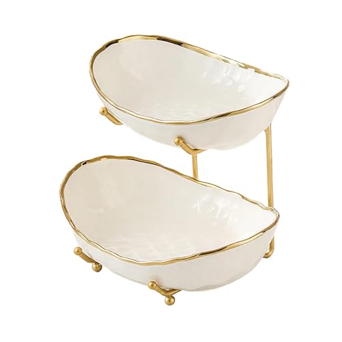 2 Tier Ceramic Fruit Bowl for Kitchen Counter with Metal Rack, Fruit Basket with Stand, Porcelain Bowls for Vegetable Bread Candy Snack Nuts Dessert Cake Tray (Gold 2 layer)