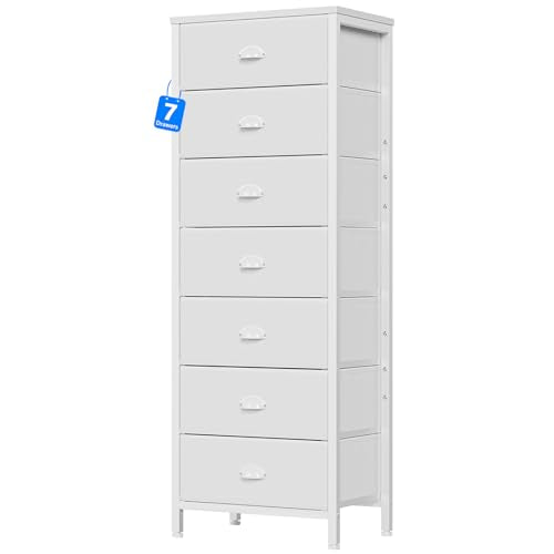White Tall Dresser for Bedroom, Chest of Drawer with Fabric Drawer | Tall Skinny Dresser with 7 Drawers, Metal Frame, Wooden Top, Dorm Vertical Closet, Bedside Furniture in Living Room