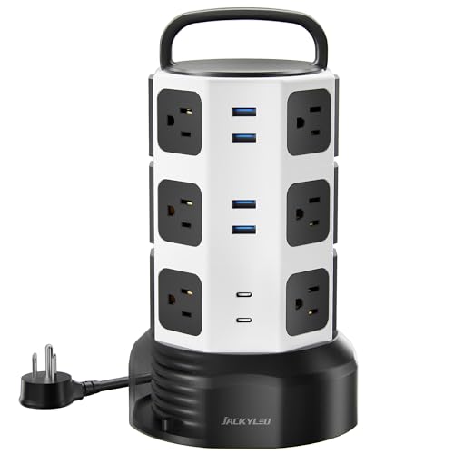 JACKYLED Power Strip Tower Surge Protector, 12 AC 6 USB (2 USB C), 1050J | Retractable Extension Cord with Multiple Outlets, 1625W/13A Outlet Extender, USB Charging Station for Home Office Dorm