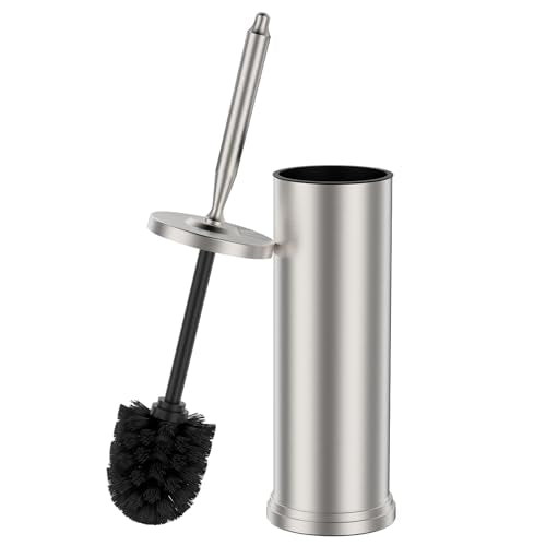 Stainless Steel Toilet Bowl Brush and Holder Set Scrubber Nickel | Weighted Stable Base Removable Inner Tube Toilet Bowl Brush Splash-Proof Design for Deep Cleaning Space Saving Storage
