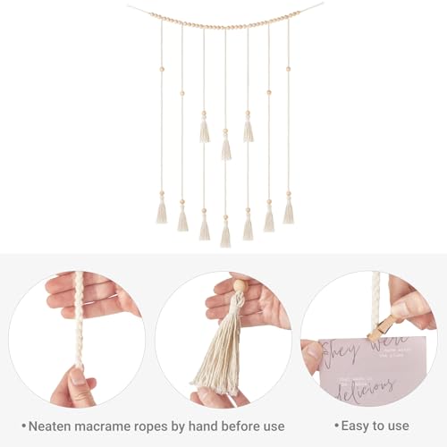 Mkono Hanging Photo Display, Boho Decor with String Lights, 30 Wood Clips | Ivory, Room Decor for Teen Girls, Macrame Wall Decor, Aesthetic Cards Artwork Holder, Bedroom Nursery Living Room Dorm