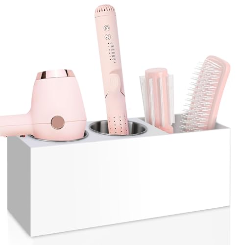 Hair Tool Organizer, Hair Dryer Holder with Heatproof Steel Cups, Acrylic Vanity Organizer for Curling Iron, Flat Iron & Hair Brushes, Perfect for Bathroom (White, Standard)