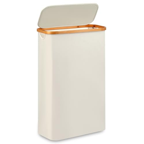 Slim Laundry Hamper,Narrow laundry Hamper with Lid,60L Hamper for Laundry,Dirty Cloth Hamper with Bamboo Handle for Towels, Clothes Organizing,Beige