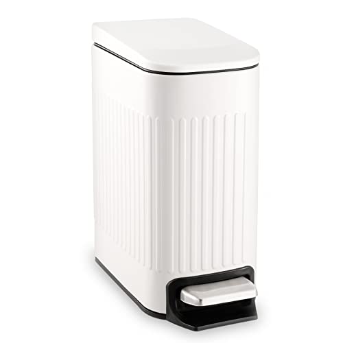TrashAid Slim Bathroom Trash Can with Lid Soft Close & Pedal, 1.6Gal, White | Removable Inner Bucket, Stainless Steel Garbage Can, Small Wastebasket for Toilet/Office/Bedroom, Retro Design, Odor Control