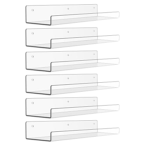 15" x 4" Acrylic Shelves for Wall Storage and Orga... (6 Count | Clear | Acrylic)
