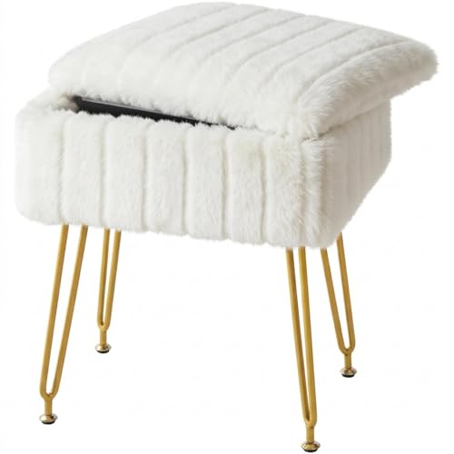 Vanity Stool Chair with Storage, Faux Fur and Meta... (White | Iron)