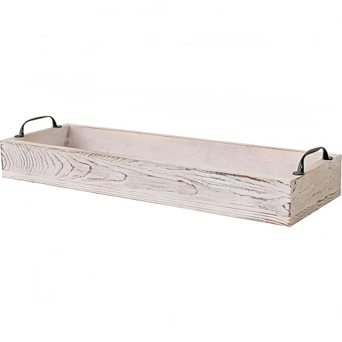 Rustic Wooden Serving Trays Rectangular with Handle,Ottoman Tray for Living Room 16 Inch Long for Serving Wine(whitewashed)