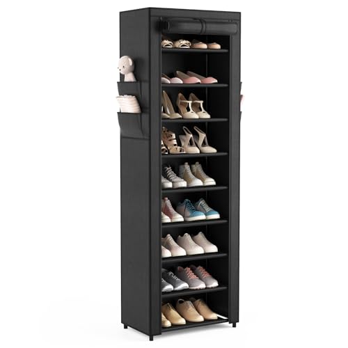 VILICK Shoe Rack with Cover Narrow Shoe Organizer with 4 Side Pockets 10 Tier Tall Shoe Storage Holds 18-22 Pairs Shoes and Boots Shoe Rack for Closet Entryway Garage