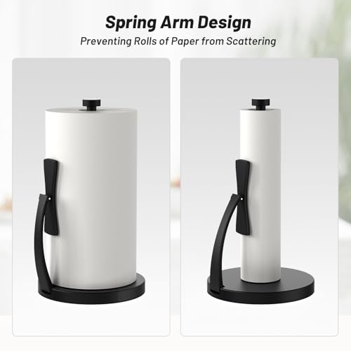VEHHE Paper Towel Holder Countertop, Black Paper Towel Holder with Spring Activated Arm and Damping Effect, Simply Tear Paper Towel Stand for Bathroom and Kitchen (Black)