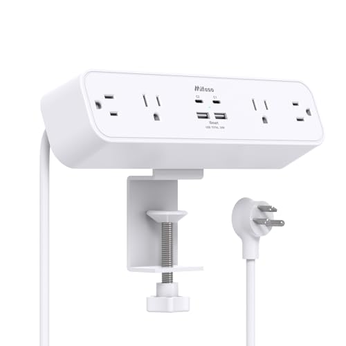 Mifaso PD30W Desk Clamp Power Strip, Surge Protector, Fast Charging Station | 4 Outlets, 4 USB (2 USB C), 5FT Extension Cord, Desk Organizer Gaming Accessories Office Essentials, Fits 1.96" Tabletop Edge