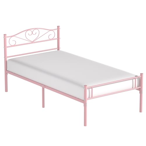 VECELO 14 Inch Twin Size Metal Platform Bed Frame with Headboard and Footboard, Heavy Duty Mattress Foundation with Steel Slats Support, No Box Spring Needed, Pink