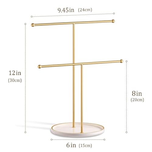 Jewelry Stand with Ceramic Tray, Necklace Holder, Gold Bar White Base | Ceramic Base, Gift for Women & Girls, Hanging Necklace Organizer Tree, Earrings, Bracelets, Rings, small