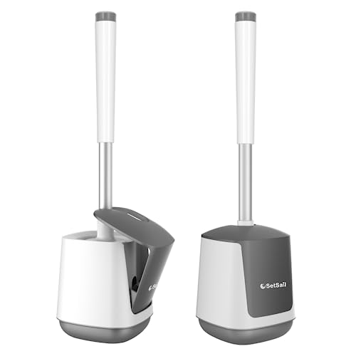 Toilet Brush and Holder 2 Pack, Self Closing Lid Toilet Bowl Brushes Holder and Extra Long Handle Ventilated Toilet Brush Set for Bathroom Cleaning, Nylon Bristles, White & Grey