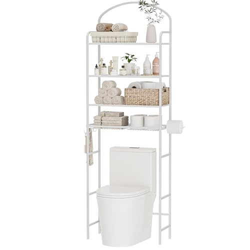 4-Tier Over The Toilet Storage, Bathroom Organizer | Space-Saving, 72"H Above Toilet Storage Rack with 4 Hooks and Paper Holder, Metal Shelf, White