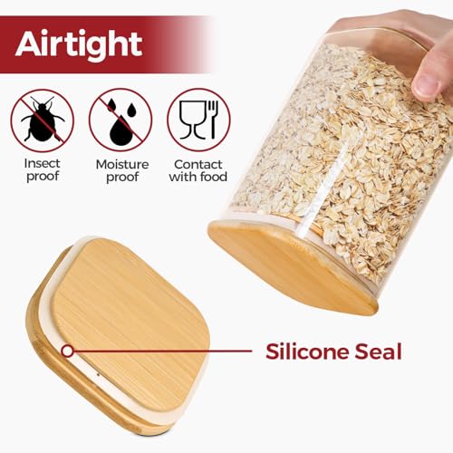 Glass Pantry Storage Containers with Bamboo Lids 1Qt 4 Pack Square | Pantry Organization, Coffee Beans Flour Sugar Pasta Cereal Dry Food Storage, Labels Included, Kitchen Organization