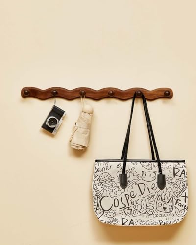Wood Coat Rack Wall Mount - Walnut Coats Hook Hanger Wall-Mounted, Wave-Shaped Entryway Hanging Racks with 6 Hooks for Jacket Keys Hats Robes Towels Bags, Living Room Mudroom Bathroom Bedroom Hallway