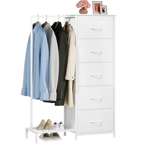 Dresser with Hanging Rack, 5 Drawers Small Closet... (White | Metal)
