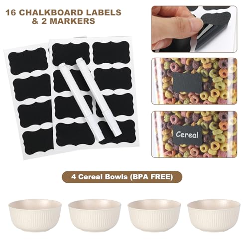 Cereal Dispenser Countertop with Cereal Bowls,16 Labels & Pen, Cereal Containers Storage, Candy Dispenser, Dry Food Dispenser For Pantry - Not Easy to Crush Food (White, 2 Pack)