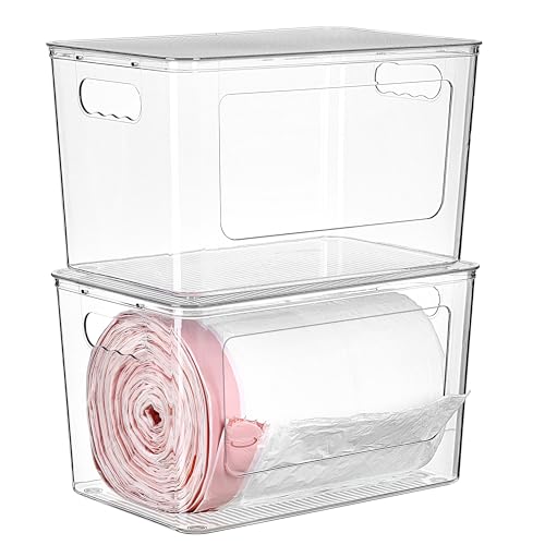 Vtopmart 2 Pack Clear Trash Bag Holder, Stackable Garbage Bag Dispenser | Trash Bag Organizer for 13/30/33 Gallon Bags, Clear Organizer Bins for Under Kitchen Sink, Laundry Room Organization