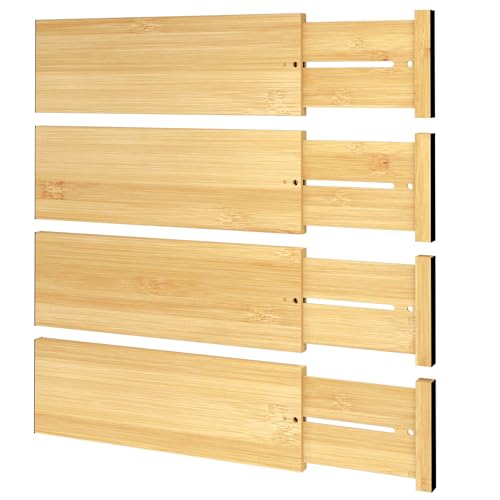 BAMEOS Bamboo Expandable Drawer Dividers – Fits 12.2"–17" Drawers, 4" Extra Deep Walls, Set of 4 | Tall Spring-Loaded Separator for Baby Dresser, Sock Drawer & Bathroom Cabinet