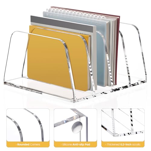 YUXUN Acrylic File Sorter,6.9"x6.6"x3.74",4 Sections Vertical Desk Organizer,Clear Mail Organizer File Holder Stand Rack Desk Accessories for Mail,Envelope,Letter,Notebook for Home/Office/Classroom