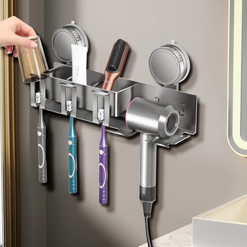 Detachable Wall Electric Toothbrush Holders, Bathroom Organizers and Storage, 3 Cups Holders Accessories Storage Decor, Hair Dryer Holder, Powerful Upgraded Sticky Suction Cup, All-Aluminum Material