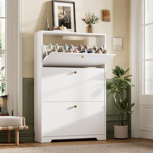 Shoe Cabinet with 3 Flip Drawers, Narrow Shoe Organizer Cabinet, Freestanding Shoe Rack Cabinet, Modern Shoe Storage Cabinet for Entryway, Hallway, Foyer, White