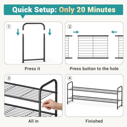 AOODA Long 2 Tier Shoe Rack for Closet Metal Wide Stackable Shoe Storage Organizer for Entryway, Bedroom, Floor, 18-Pairs Low Shoe Shelf, Black