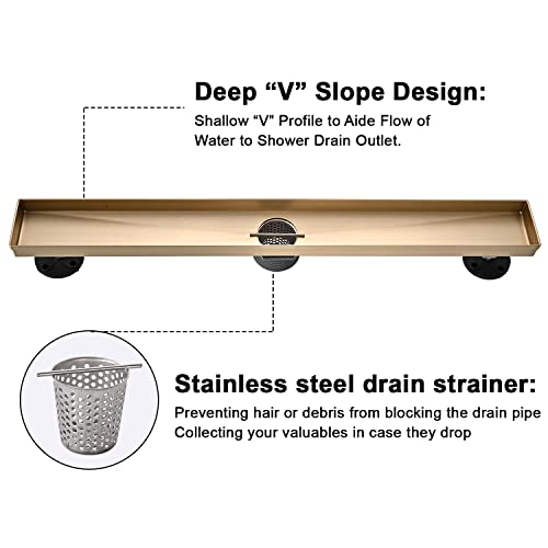 Linear Shower Floor Drain, Brushed Gold 24 Inch 304 Stainless Steel Bathroom Drains Kit, Rectangular Shower Trench Drain with Reversable Tile-in Pattern Drain Cover & Hair Catcher