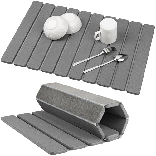 Stone Drying Mat for Kitchen Counter, 24"x16" Large Dark Gray Foldable Diatomaceous Earth Mat, Quick-Dry Super Absorbent Stone Dish Drying Mat for Dishes Bottles Cups