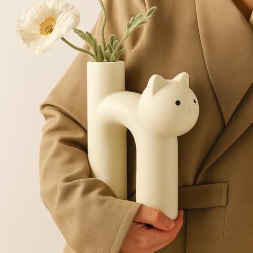 Ceramic Cat Vase Gift for Cat Lovers, Cat Mom Gift... (Creamy Vanilla | Ceramic)