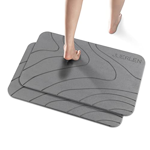 JUERLEN 2 Pack Diatomaceous Earth Shower Mat, Stone Bath Mat, Nonslip Super Absorbent Fast-Drying Hard Bath Mat for Bathroom Shower Floor, 24 x 16 inch, Grey Wave Design