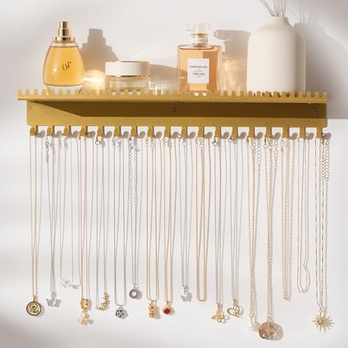 Necklace Holder Wall Hanging Organizer: Wall Mounted Jewelry Shelf with 56 Hooks and Tray, Display Hanger for Kids, Girls and Women, Gold & Metal