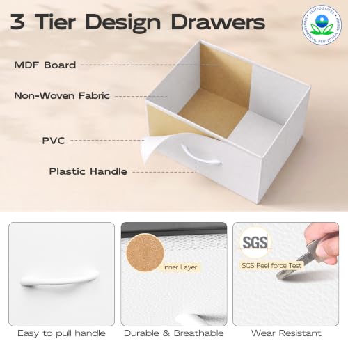 WLIVE Small Dresser Nightstand for Bedroom, 3 Drawers, White | 3 roomy fabric drawers, Compact nightstand, Bedroom or closet use, Chest of drawers, Dresser for small spaces